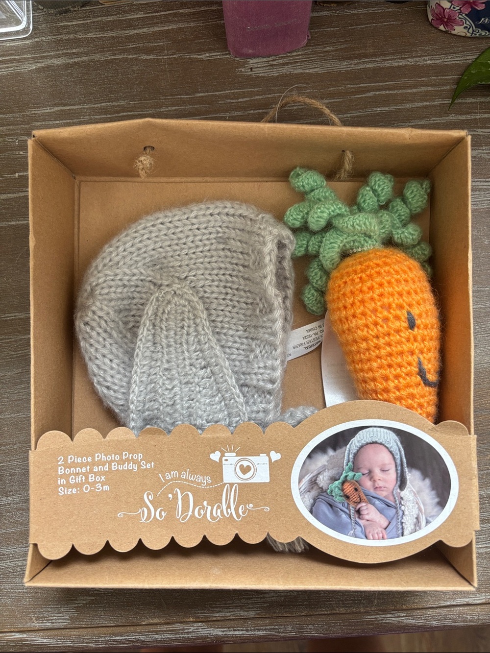 So Dorable Newborn Knit Bonnet & Carrot Buddy Set - Gray & Orange